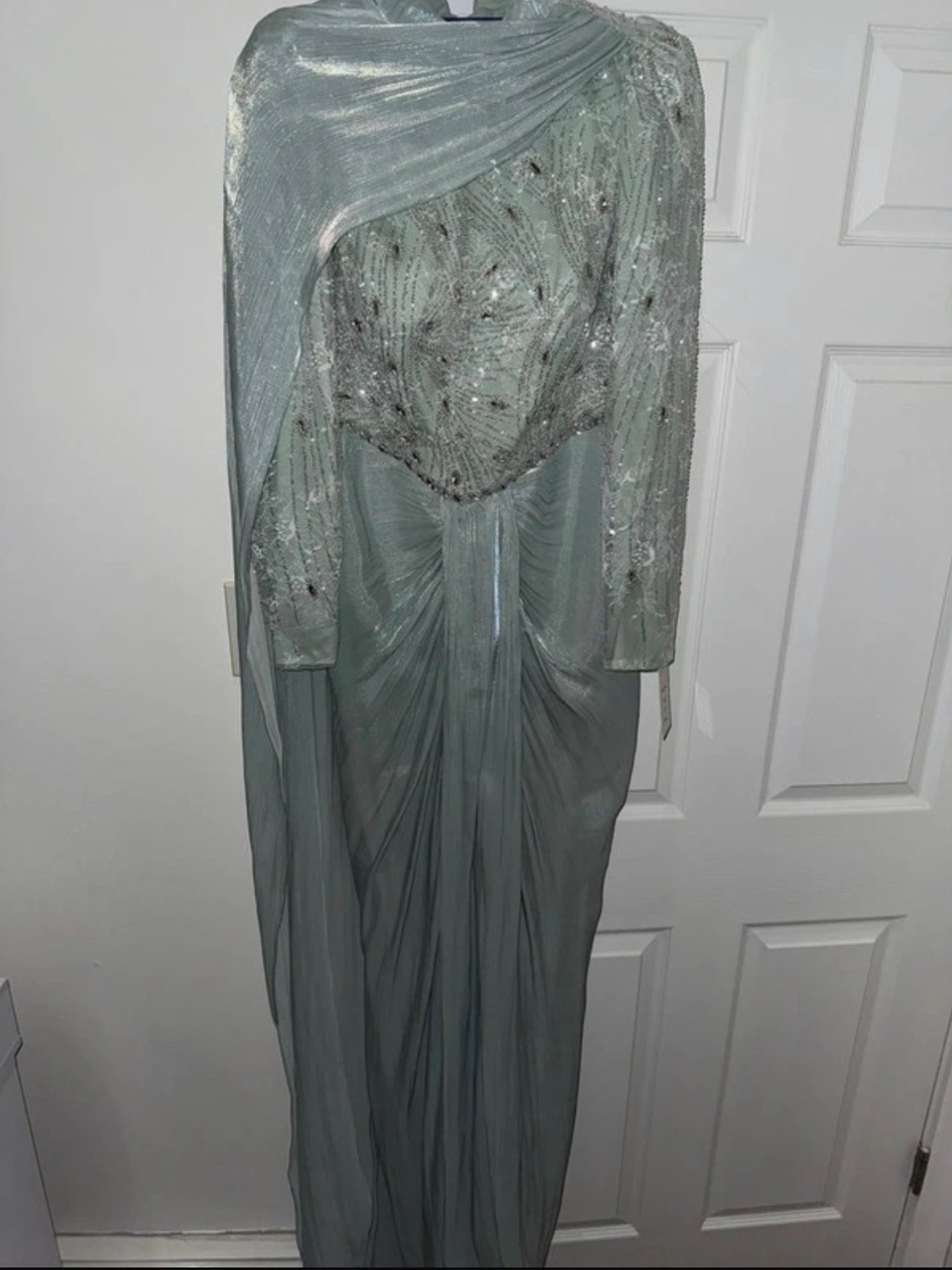 Long Sleeve Sage Green Evening Gown with Beaded Bodice